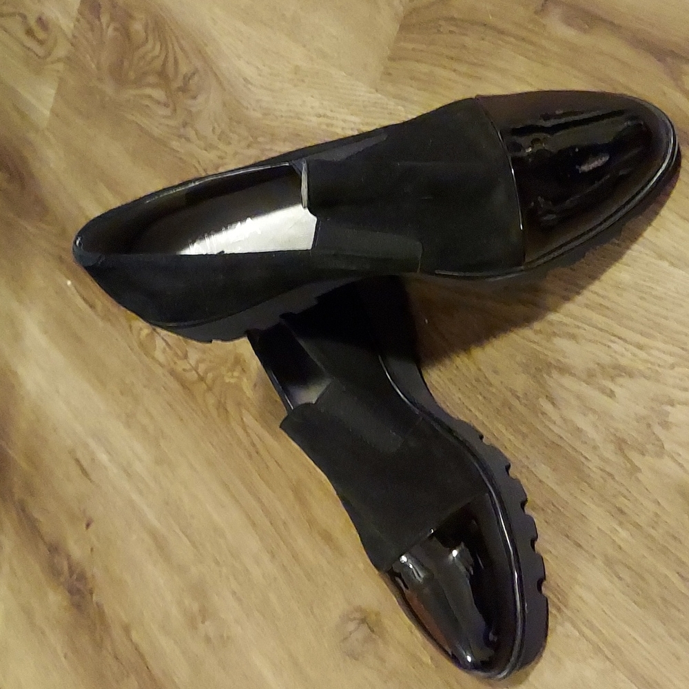 Kinza Paris black suede & patent leather platform loafers